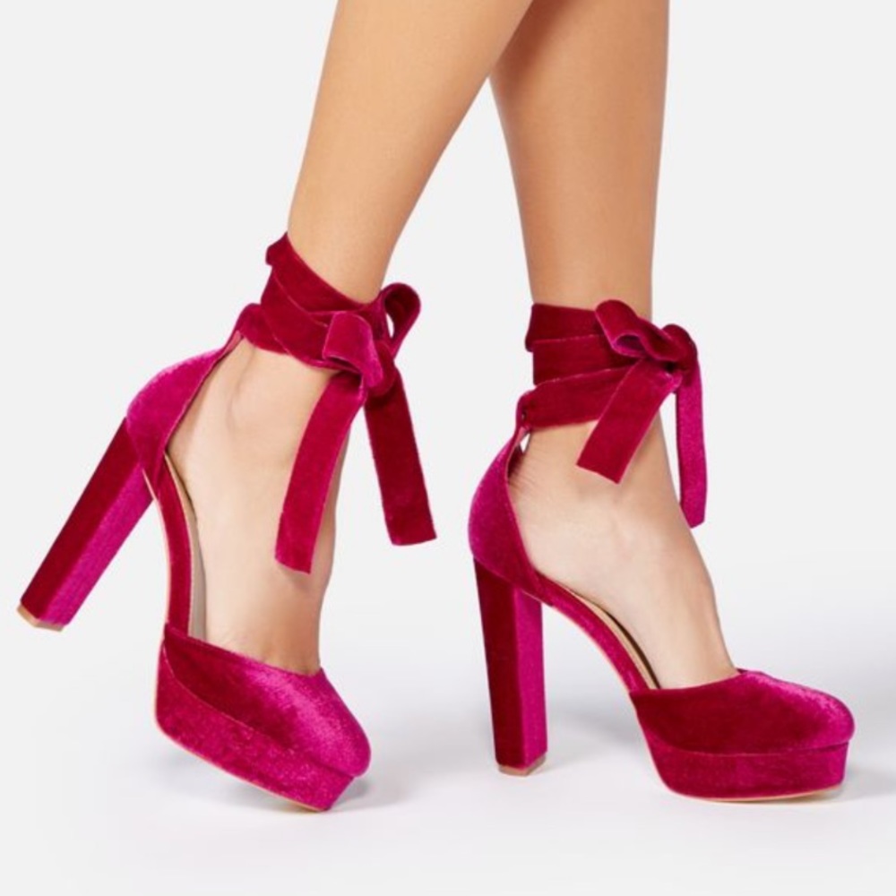 PrettyLittleThing Fuchsia Velvet Ankle Tie Platform Heels